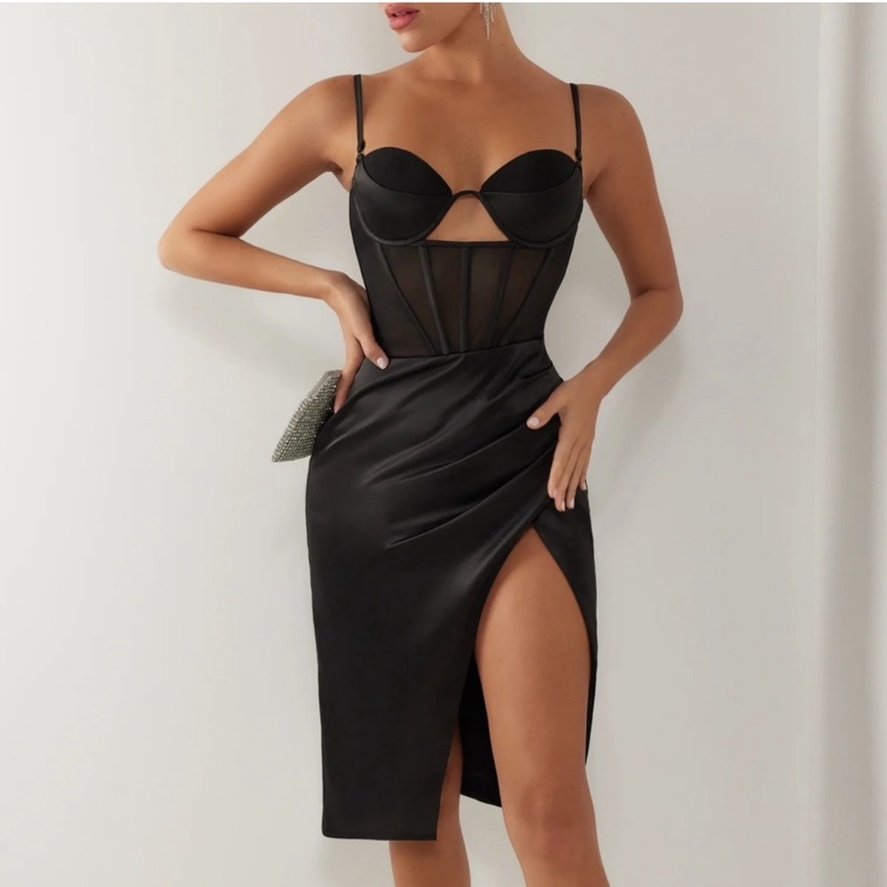 Heiress Beverly Hills Black Satin Corset Split Draped Midi Dress